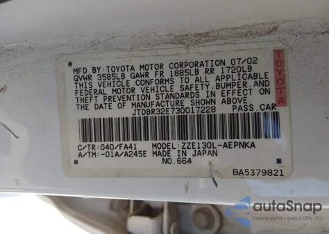 2003 Toyota Corolla Le z USA, uszkodzony, nr VIN JTDBR32E730017228